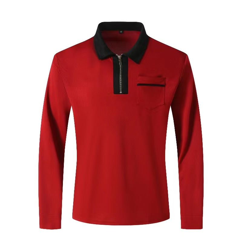 Autumn Mens Long Sleeve Zipper Polo Shirts Casual Lapel Collar Zip Up Henley Shirts Cotton Sports Golf Tennis T-Shirts With Pockets