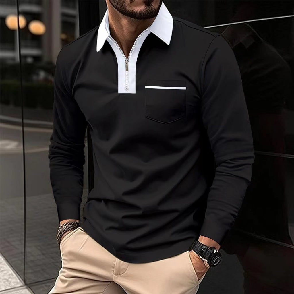 Autumn Mens Long Sleeve Zipper Polo Shirts Casual Lapel Collar Zip Up Henley Shirts Cotton Sports Golf Tennis T-Shirts With Pockets
