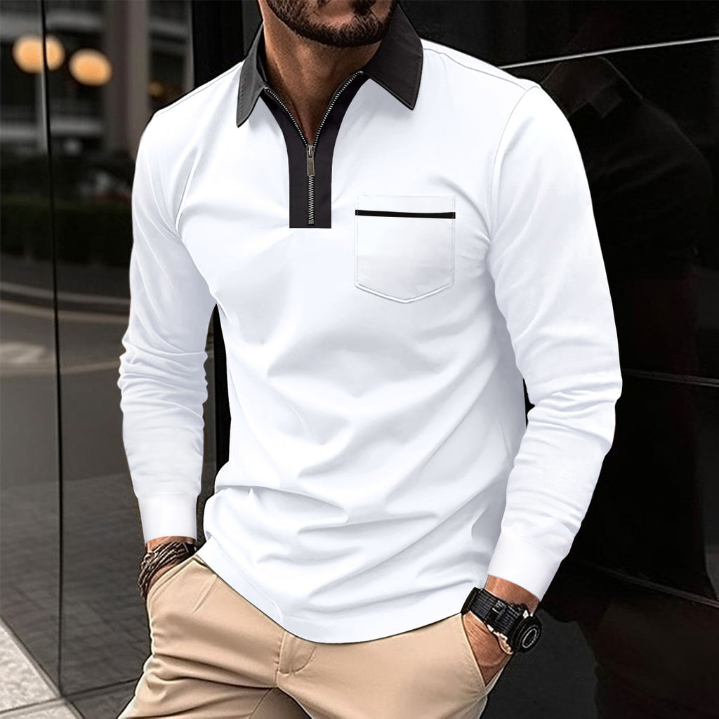 Autumn Mens Long Sleeve Zipper Polo Shirts Casual Lapel Collar Zip Up Henley Shirts Cotton Sports Golf Tennis T-Shirts With Pockets