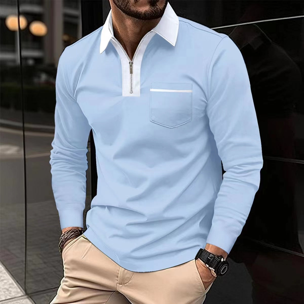 Autumn Mens Long Sleeve Zipper Polo Shirts Casual Lapel Collar Zip Up Henley Shirts Cotton Sports Golf Tennis T-Shirts With Pockets