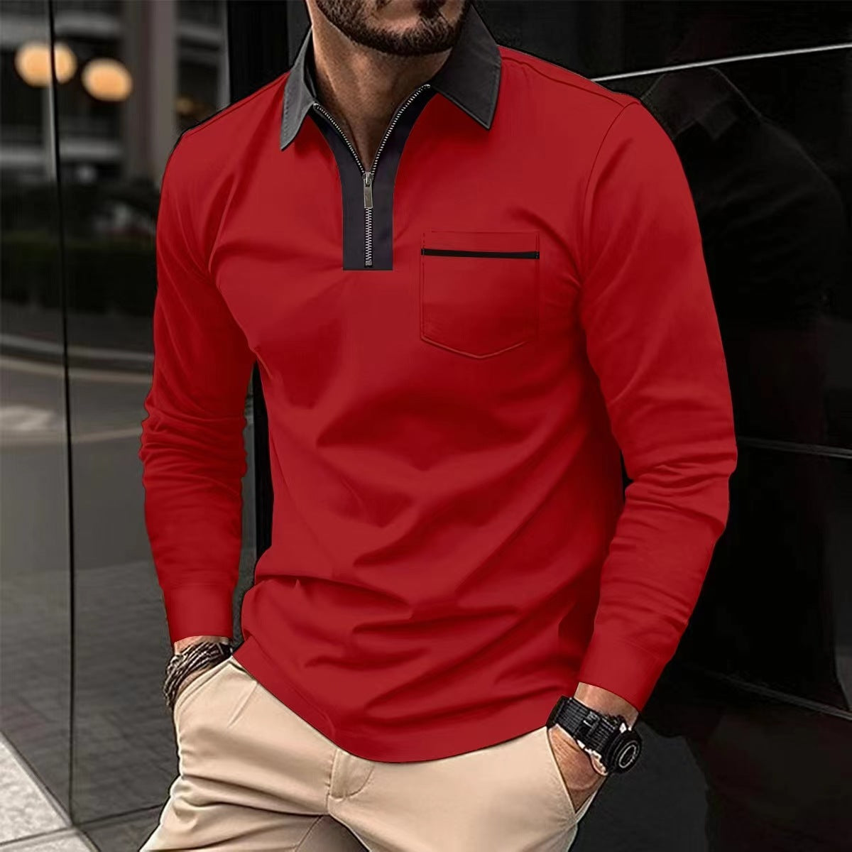 Autumn Mens Long Sleeve Zipper Polo Shirts Casual Lapel Collar Zip Up Henley Shirts Cotton Sports Golf Tennis T-Shirts With Pockets