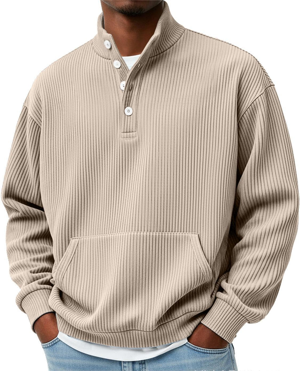 Mens Solid-Color Turtleneck Casual Long-Sleeve Polo Sweatshirt With Pockets For Men Spring Autumn Clothing Loose Button Polo Collar Tees Tops Man Outwear
